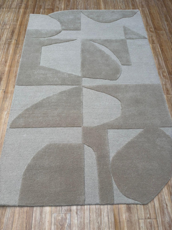 Hand Tufted Wool Area Rug, Modern Abstract Neutral Carpet, Handmade Luxury Living Room Bedroom Floor Rug