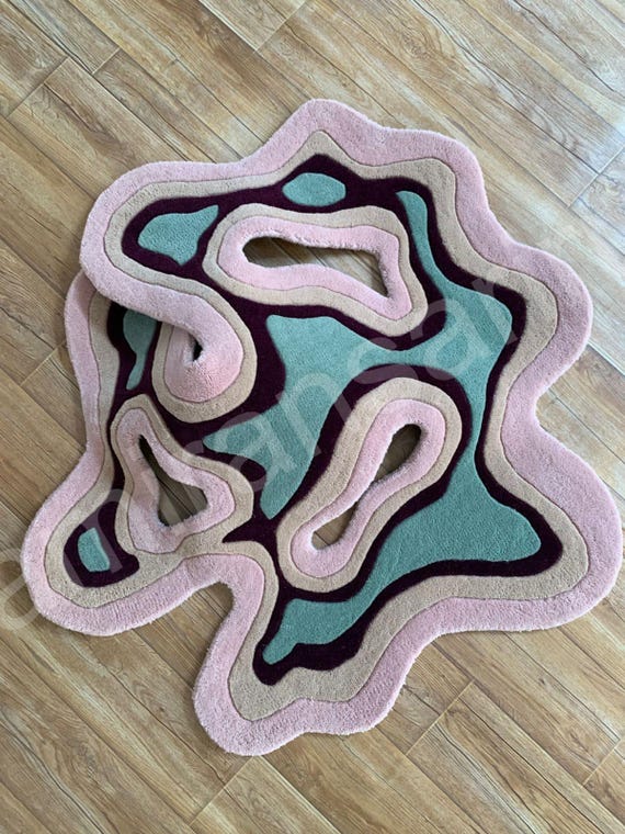 Hand-Tufted Wool Rug: Abstract Layered Design, Pink Green Beige
