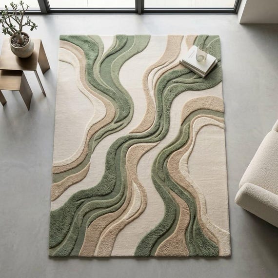 Organic Modern Hand Tufted Wool Rug, Sage Green Abstract Area Rug, Sculpted Japandi Carpet, Luxury Wool Rug 8x10 9x12 Custom