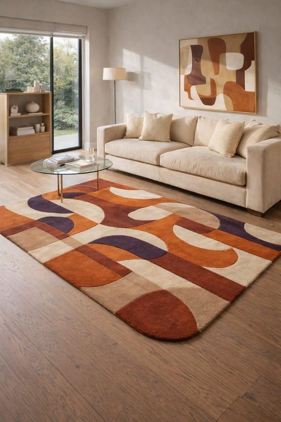 Modern Abstract Hand Tufted Wool Rug – Contemporary Geometric Area Carpet in Earthy Tones for Living Room & Bedroom Decor
