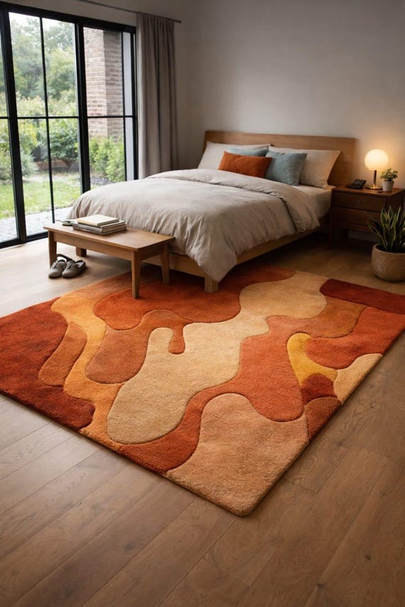 Abstract Modern Area Rug | Hand Tufted Wool Carpet | Boho Living Room  | Mid Century Floor Rug | Warm Neutral Home Decor