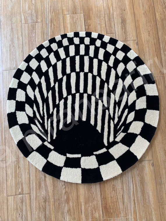 Hand-Tufted Wool 3D Optical Illusion Rug: Black and White Round Carpet