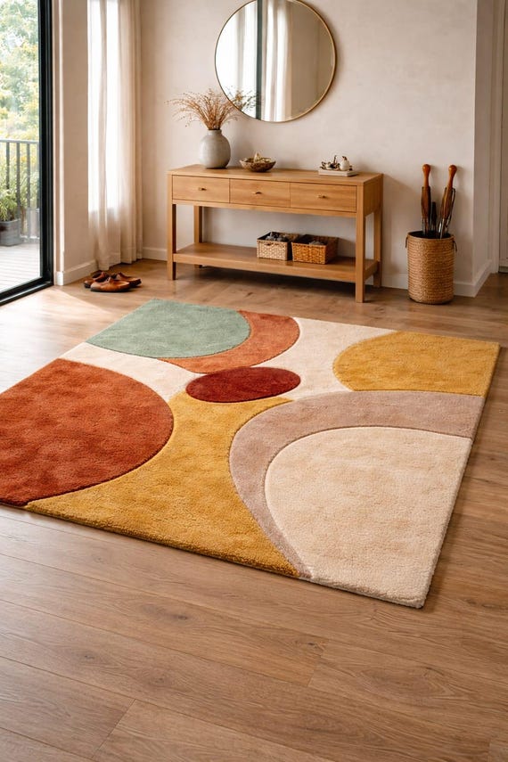 Abstract Geometric Area Rug, Modern Tufted Rug, Boho Living Room Carpet, Colorful Mid Century Rug, Handmade Soft Floor Rug Bedroom Decor Rug