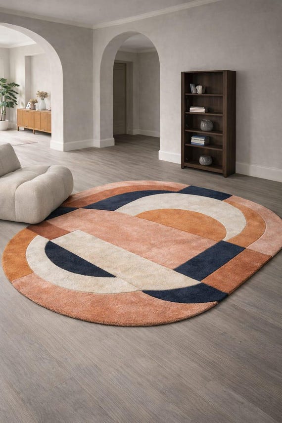 Modern Abstract Rug, Peach Navy Beige orange Wool Area Rug, Geometric Carpet Contemporary Living Room Bedroom Decor Hand Tufted Designer Rug