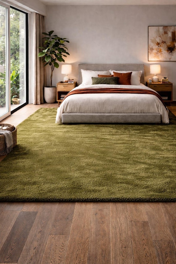 Olive Green Shag Area Rug, Hand Tufted Wool Carpet, Plush Thick Bedroom Rug, Moss Green Modern Floor Rug, Soft Luxury Living Room Carpet