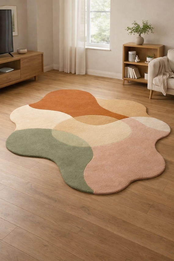 Modern Abstract Irregular Area Rug, Hand Tufted Wool Rug, Colorful Organic Shape Carpet, Contemporary Living Room Decor, Designer Floor Rug