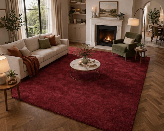 Deep Red Shaggy Area Rug Hand Tufted Wool Carpet Modern Living Room Rug Plush Thick Floor Rug Burgundy Bedroom Carpet Custom Size Available