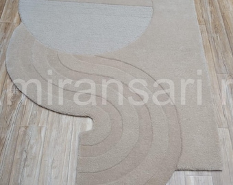 Abstract Neutral Irregular Area Rug | Handmade Tufted Wool Modern Carpet | Minimalist Sculptural Designer Rug for Living Room & Bedroom
