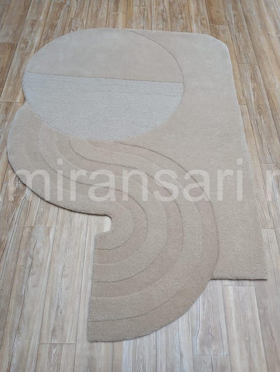 Abstract Neutral Irregular Area Rug | Handmade Tufted Wool Modern Carpet | Minimalist Sculptural Designer Rug for Living Room & Bedroom