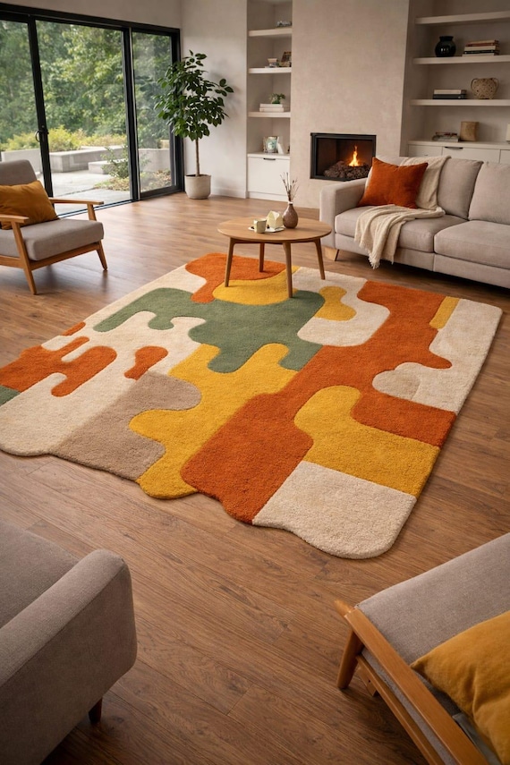 Abstract Wool Rug Modern Hand Tufted Rug Colorful Area Rug Geometric Wool Carpet Mid Century Rug Boho Living Room Rug Designer Floor Rug