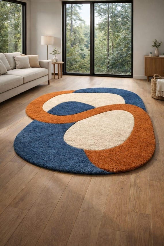 Abstract Modern Wool Rug Blue Rust Orange Ivory | Hand Tufted Contemporary Area Rug | Scandinavian Minimal Living Room Carpet