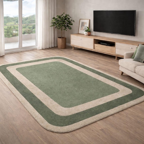 Hand Tufted Green Wool Area Rug Modern Geometric Border Carpet Minimalist Living Room Rug Soft Wool Floor Rug Custom Size Rug