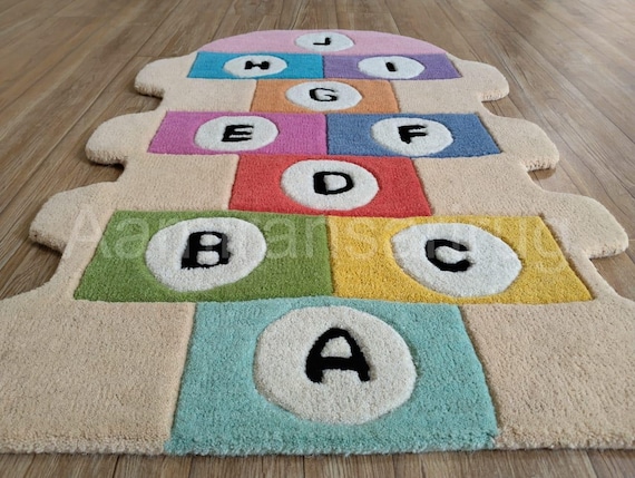 Hand-Tufted Wool Kids Rug, Alphabet Hopscotch Design, Nursery Decor