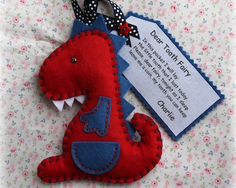 Percha de fieltro personalizada de Toothysaurus, bolsillo, almohada, recuerdo, bolsa, diente perdido, regalo, hecho a mano, hada de los dientes, dinosaurio