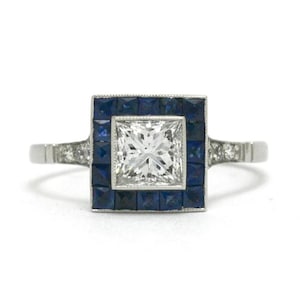 Vintage-style Old Mine Diamond and French Cut Blue Sapphire Ring Fancy Edwardian Art Deco Engagement Ring Antique Halo Ring Split Shank Ring