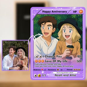 Custom Anime Anniversary Card – Personalized Couple Trading Card Gift with Names & Date – Cute Romantic Keepsake for Him or Her