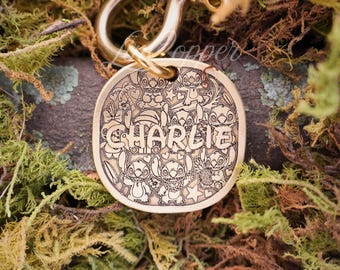 Placa de identificación para perros Stitch • Identificación para mascotas grabada en profundidad • Latón vintage • Regalo personalizado para mascotas