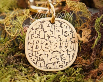 Placa de identificación para perros Bear Dog Plate • Identificación de mascotas grabada en profundidad • Latón vintage • Regalo personalizado para mascotas