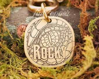 Placa de identificación para perros con diseño de ojo de dragón • Identificación para mascotas grabada en profundidad • Latón vintage • Regalo personalizado para mascotas