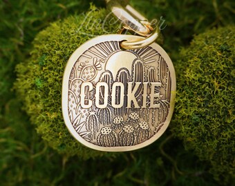 Cactus Dog Tag • Deep Engraved Pet ID • Vintage Desert Brass • Bespoke Pet Gift