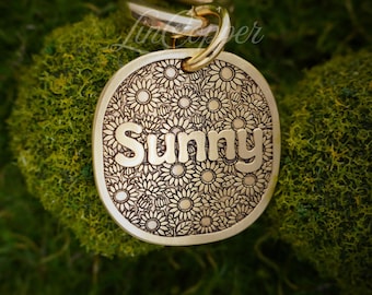 Sunflower Dog Tag • Deep Engraved Pet ID • Vintage Brass • Bespoke Pet Gift