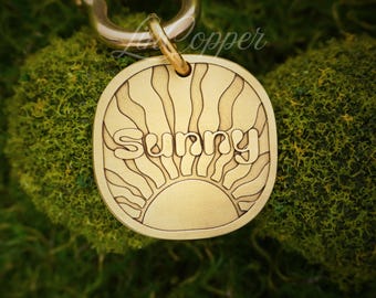 Sun Dog Tag • Deep Engraved Pet ID • Vintage Sunlight Brass • Bespoke Pet Gift