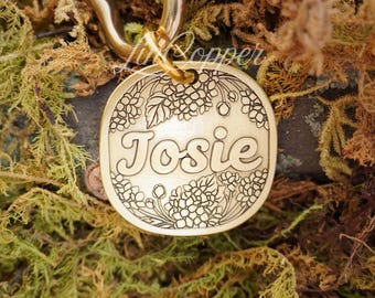Hydrangea Dog Tag • Deep Engraved Pet ID • Vintage Floral Brass • Bespoke Pet Gift