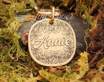 Deep Engraved Brass Dog Tag • Oak Leaves Acorn Pet ID • Autumn Vintage Style