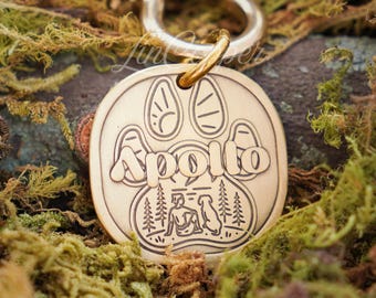 Placa de identificación para mascotas con huella de pata • Identificación grabada en profundidad • Latón vintage • Regalo personalizado para mascotas