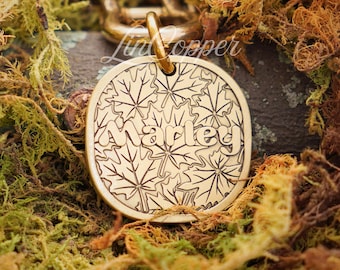 Maple Dog Tag • Deep Engraved Dog ID • Vintage Autumn Brass • Bespoke Pet Gift