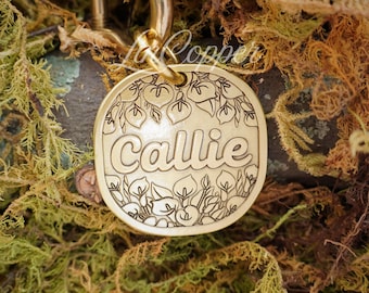 Calla Lily Dog Tag • Deep Engraved Pet ID • Vintage Floral Brass • Bespoke Pet Gift