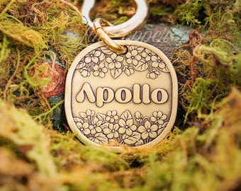 Violet Dog Tag • Deep Engraved Pet ID • Vintage February Birth Flower • Bespoke Pet Gift