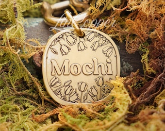 Tulip Dog Tag • Deep Engraved Pet ID • Vintage Floral Brass • Bespoke Pet Gift