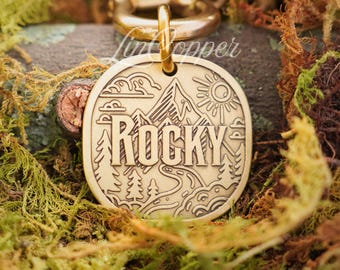 Mountain Dog Tag • Deep Engraved Pet ID • Vintage Brass • Bespoke Pet Gift