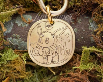 Placa de identificación para perros Eevee • Identificación de mascota grabada en profundidad • Latón vintage de Eeveelution • Regalo personalizado para mascotas