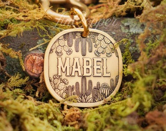 Cactus Dog Tag • Deep Engraved Pet ID • Vintage Desert Brass • Bespoke Pet Gift