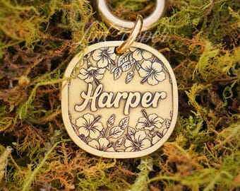 Hibiscus Dog Tag • Deep Engraved Pet ID • Vintage Hawaii Brass • Bespoke Pet Gift