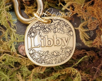 Lotus Dog Tag • Deep Engraved Pet ID • Vintage Floral Brass • Bespoke Pet Gift