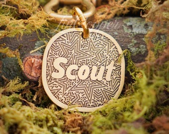 Placa de identificación para perros con forma de estrella • Identificación de mascota grabada en profundidad • Latón vintage • Regalo personalizado para mascotas