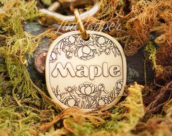 Peony Dog Tag • Deep Engraved Pet ID • Vintage Floral Brass • Bespoke Pet Gift