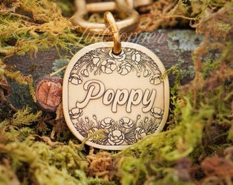 Poppy Dog Tag • Deep Engraved Pet ID • Vintage Flower Brass • Bespoke Pet Gift