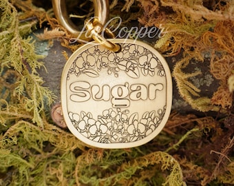 Phalaenopsis Dog Tag • Deep Engraved Pet ID • Vintage Floral Brass • Bespoke Pet Gift