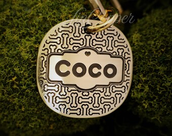 Placa de identificación de hueso personalizada • Identificación de mascota grabada profundamente • Latón • Regalo de lujo para mascotas
