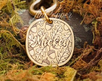 Oak Leaves And Acorn Dog Tag • Deep Engraved Dog ID • Vintage Autumn Brass