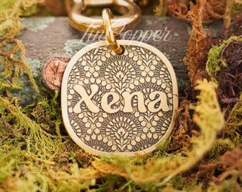 Boho Flower Dog Tag • Deep Engraved Pet ID • Vintage Floral Brass • Bespoke Pet Gift