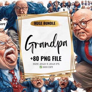Funny Grandpa Clipart, Digital Clip Art, Cartoon Grandpa, 82 PNG Bundle, Crafting Supplies, Sublimation Design