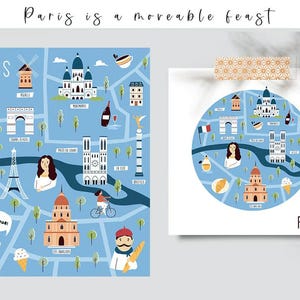 Paris Illustrated City Map, Paris Landmarks Map, City Symbols Print, Wall Art Décor, Travel Gift, French Map Art