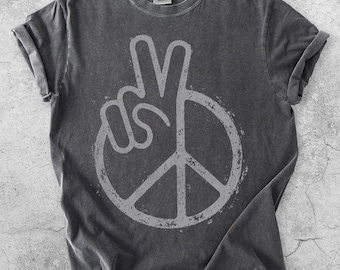 T-shirt signe de la paix main, t-shirt symbole groovy rétro, chemise vintage des années 70 festival bohème, cadeau hippie grunge flower power