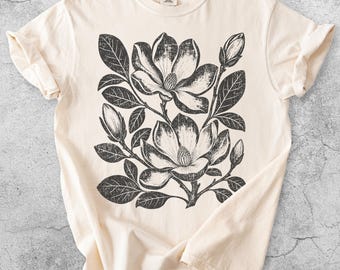 Magnolia Flower T-Shirt, Vintage Botanical Tee, Cottagecore Plant Lady Top, Nature Lover Gift, Southern Garden Bloom Shirt