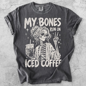 My Bones Run On Iced Coffee Shirt, Funny Skeleton Tee, Vintage Grunge Caffeine Lover Gift, Retro Graphic T-Shirt
